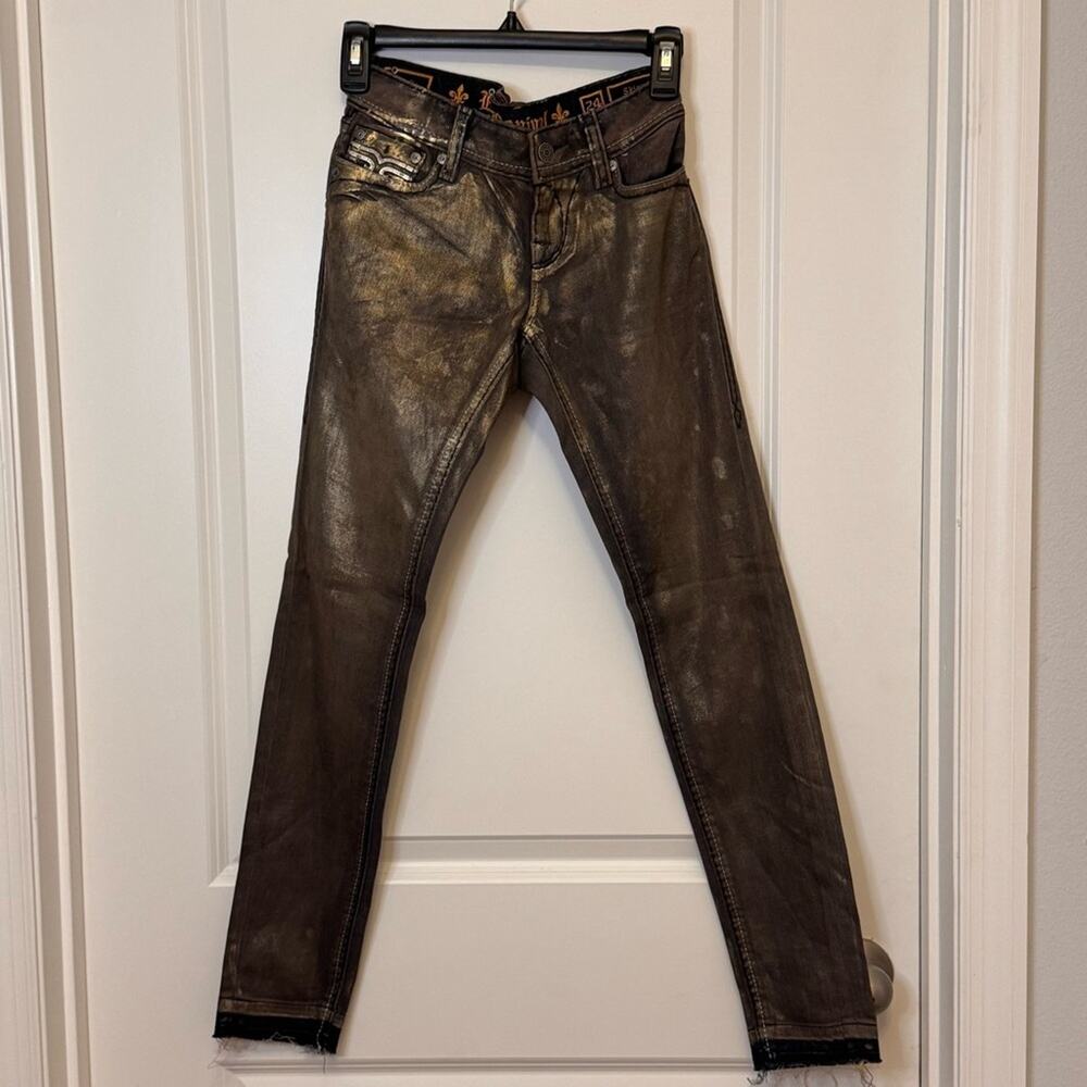 Rock Revival Brown Skinny Jeans with Metallic Finish NWOT